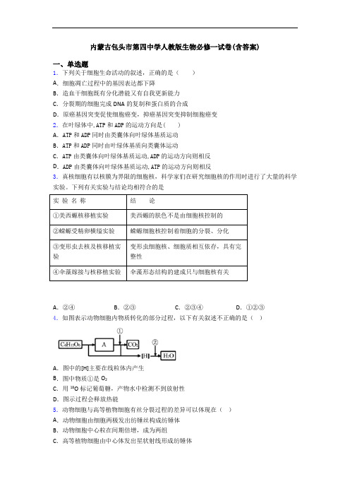 内蒙古包头市第四中学人教版生物必修一试卷(含答案)