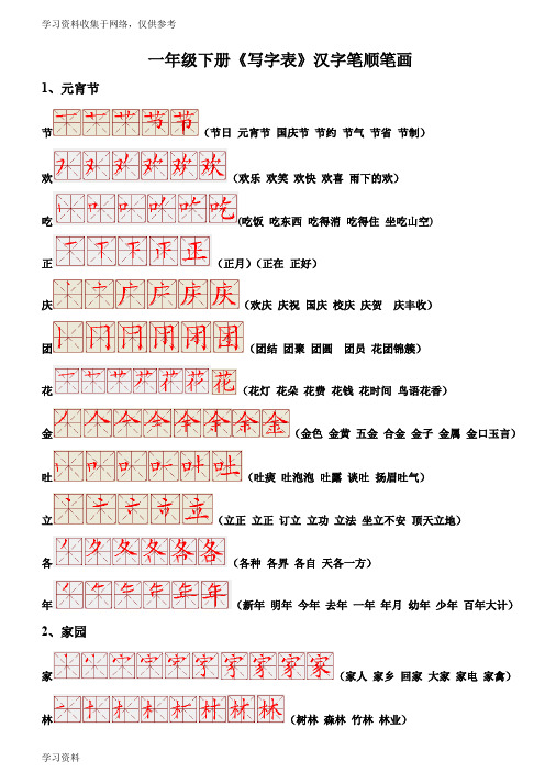 北师大版语文一年级下生字表带笔顺笔画(写字表)