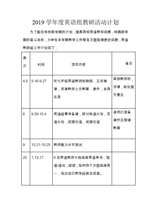 2019学年度英语组教研活动计划