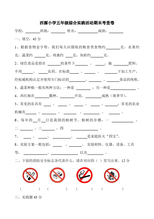 五年级下册(含劳动)综合实践活动期末考查卷