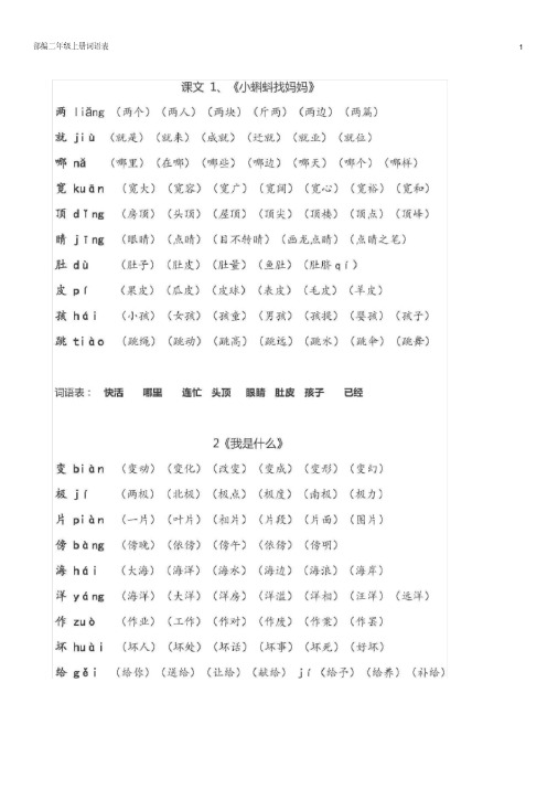 部编人教版二年级上册语文词语表带拼音