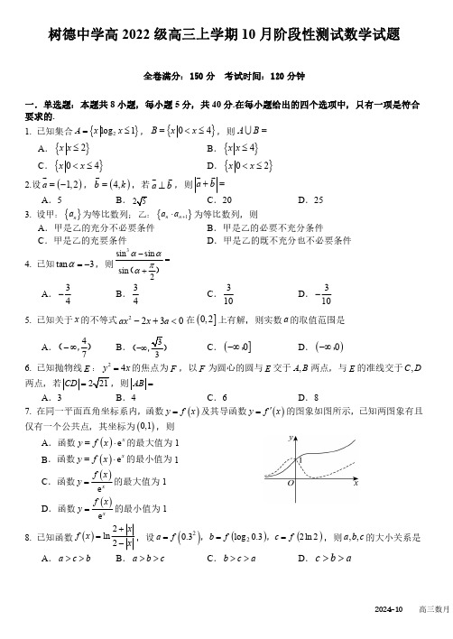 2024-2025学年四川省成都市树德中学高三上学期10月月考数学试题及答案