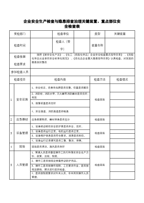 企业安全生产检查与隐患排查治理关键装置、重点部位安全检查表