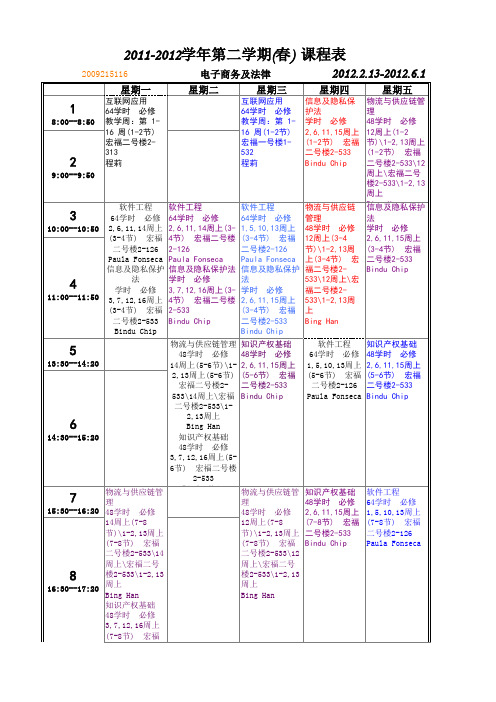 2011-2012学年第二学期2009级班级课表(共103个)班级课表