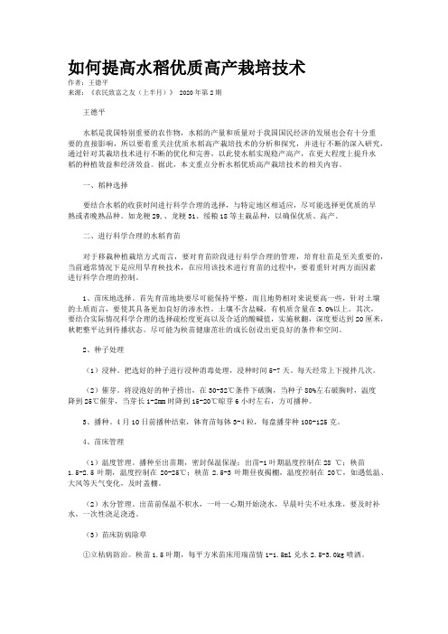 如何提高水稻优质高产栽培技术