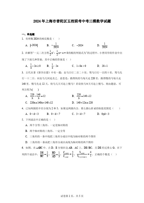 2024年上海市普陀区五校联考中考三模数学试题