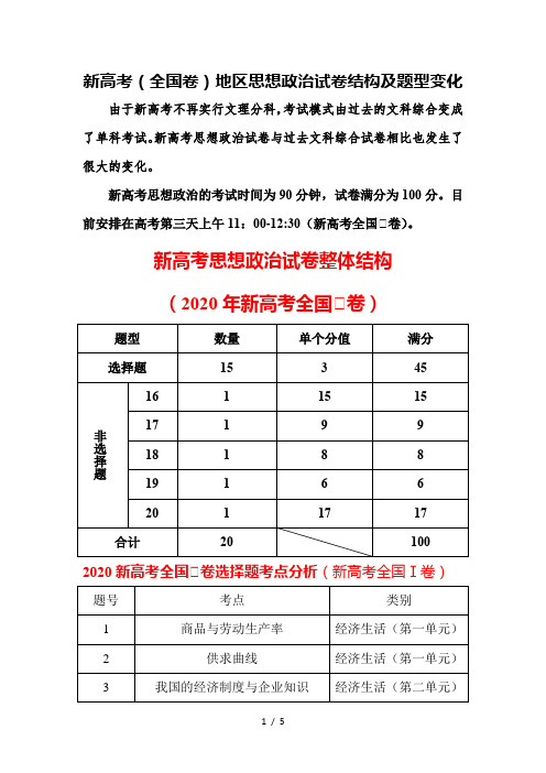 新高考(全国1卷)地区思想政治试卷结构及题型变化