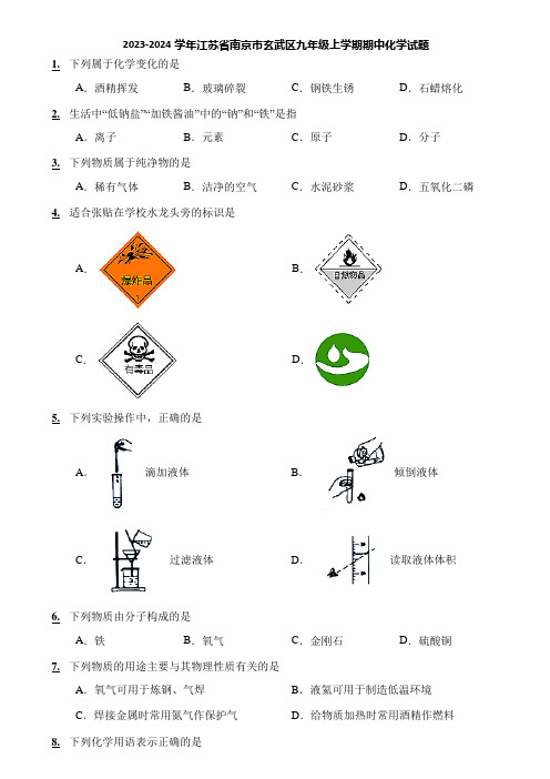 2023-2024学年江苏省南京市玄武区九年级上学期期中化学试题