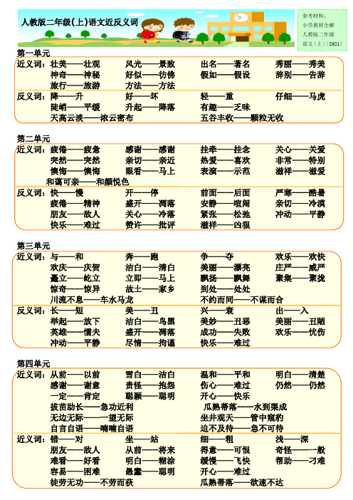 人教版二年级上语文近反义词总汇