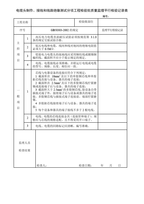 电缆头制作、接线和线路绝缘测试分项工程检验批质量监理平行检验记录表