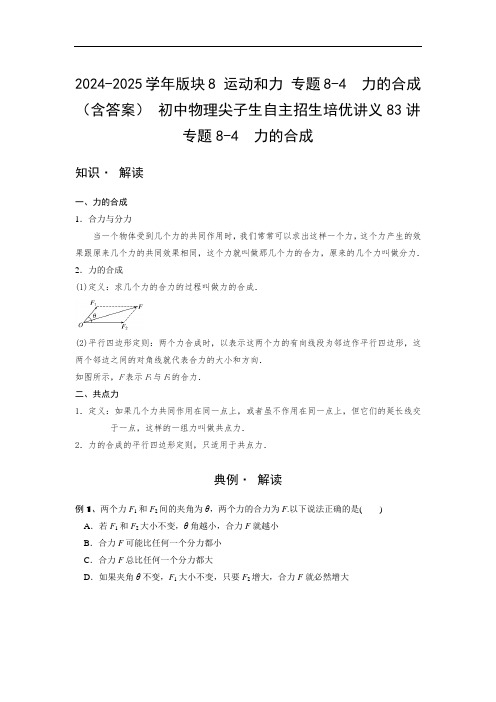 2024-2025学年版块8 运动和力 专题8-4 力的合成 (含答案) 初中物理尖子生自主招