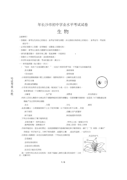 2019年长沙市初中学业水平考试试卷