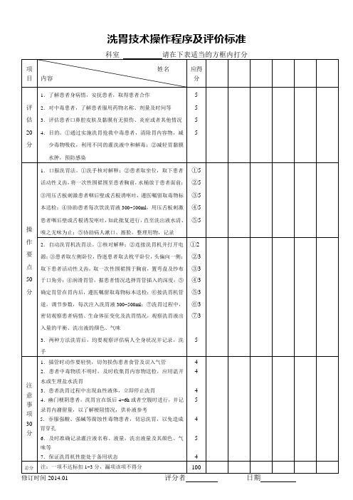 洗胃技术操作程序及评价标准