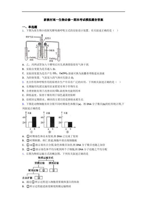 新教材高一生物必修一期末考试模拟题含答案