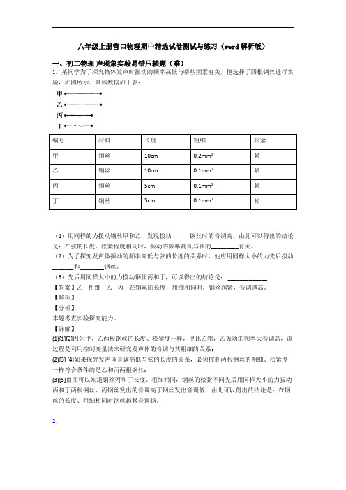 八年级上册营口物理期中精选试卷测试与练习(word解析版)