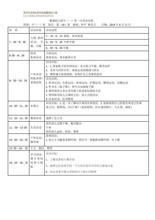 中一班第19周日计划