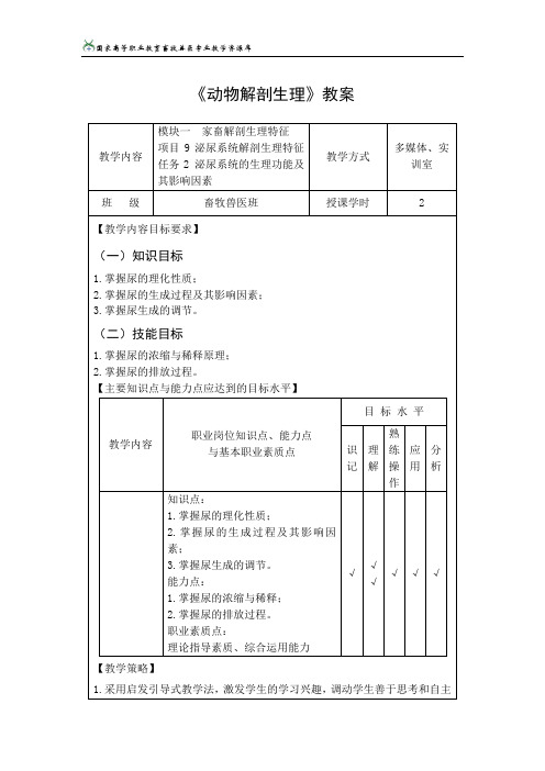 任务2泌尿系统的生理功能及其影响因素教案.