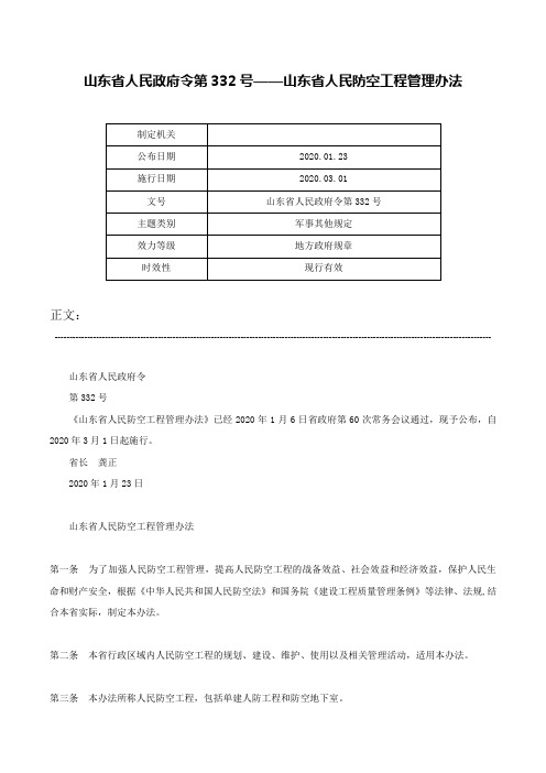 山东省人民政府令第332号——山东省人民防空工程管理办法-山东省人民政府令第332号