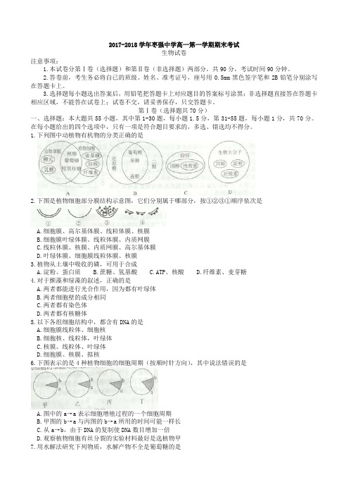 河北省枣强中学高一上学期期末考试生物试题有答案-名校版