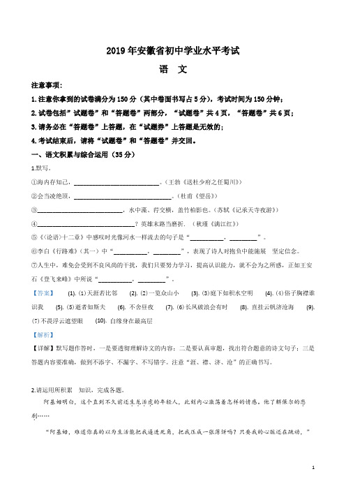 安徽省2019年初中学业水平测试中考语文试题(解析版)