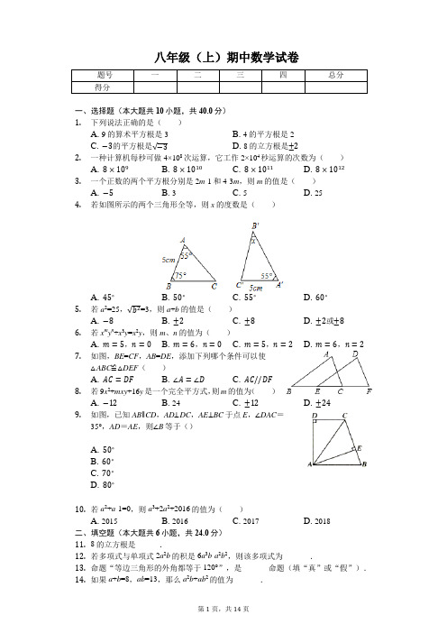 福建省漳州市 八年级(上)期中数学试卷(含答案)