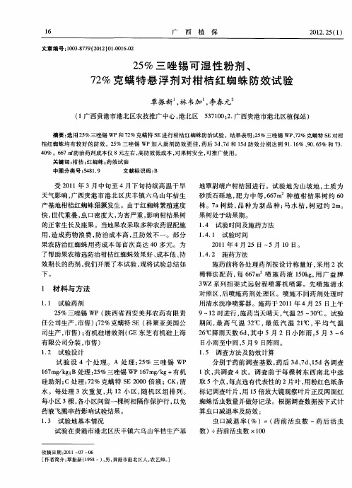 25%三唑锡可湿性粉剂、72%克螨特悬浮剂对柑桔红蜘蛛防效试验