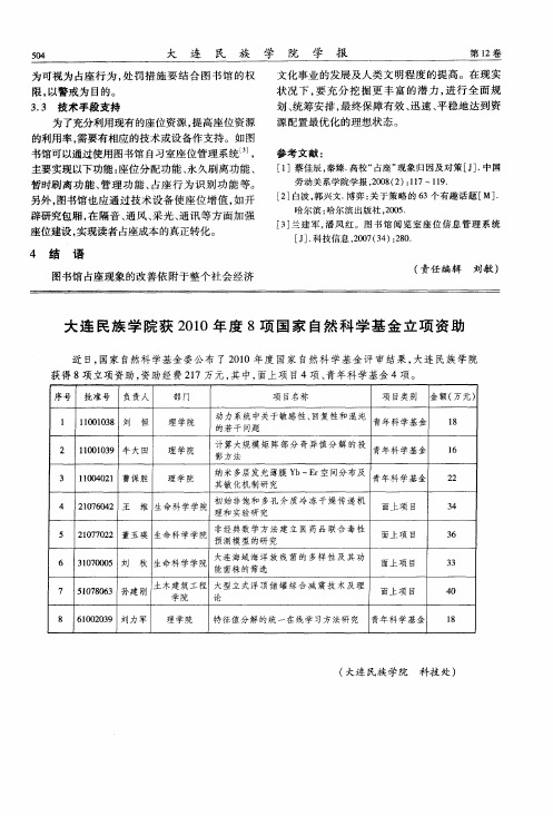 大连民族学院获2010年度8项国家自然科学基金立项资助