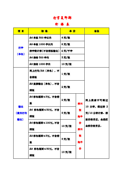 打字复印收费标准1