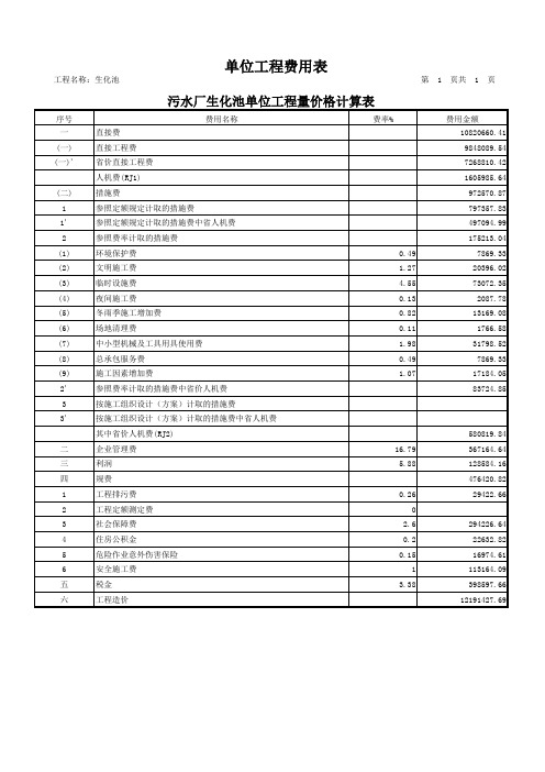 污水厂生化池单位工程量价格计算表