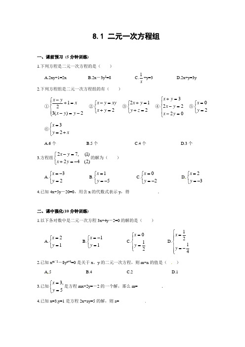 8_1二元一次方程组同步测控优化训练(含答案)