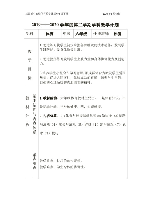 六年级体育下册学科计划