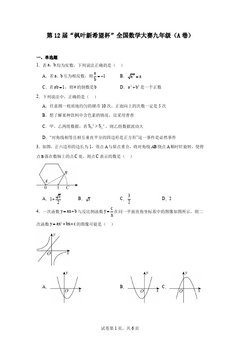 第12届“枫叶新希望杯”全国数学大赛九年级(A卷)