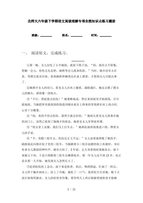 北师大六年级下学期语文阅读理解专项全能知识点练习题册