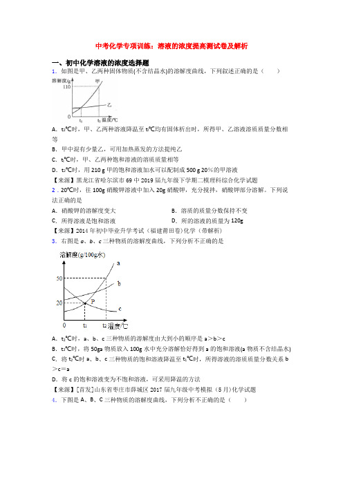 中考化学专项训练：溶液的浓度提高测试卷及解析