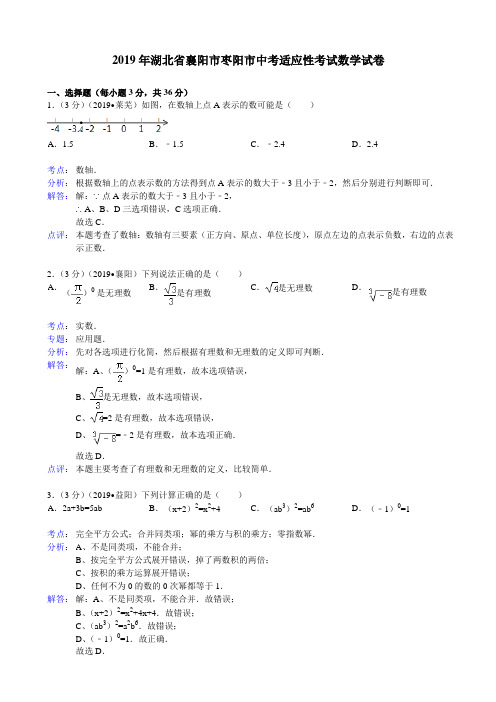 2019年襄阳市枣阳市中考适应性考试数学试卷及答案(解析版)