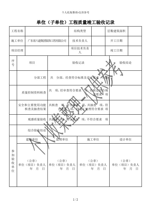 单位(子单位)工程质量竣工验收记录