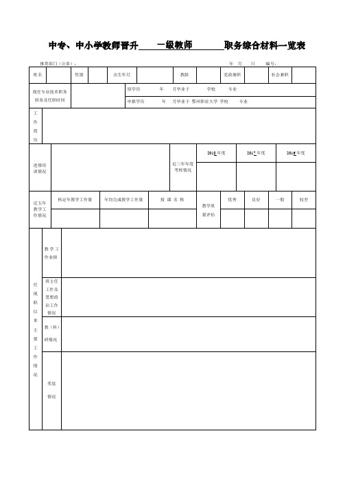 中专、中小学教师晋升职务综合材料一览表(空表)