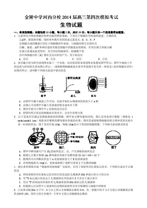 2019-2020年高三第四次模拟考试生物试题含答案