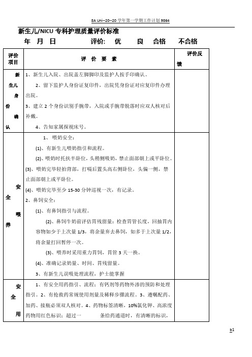 新生儿NICU专科护理质量目标评价标准