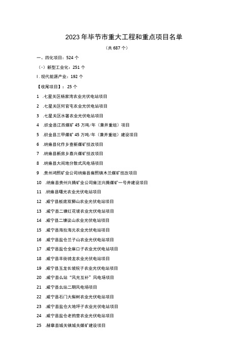 2023年毕节市重大工程和重点项目名单