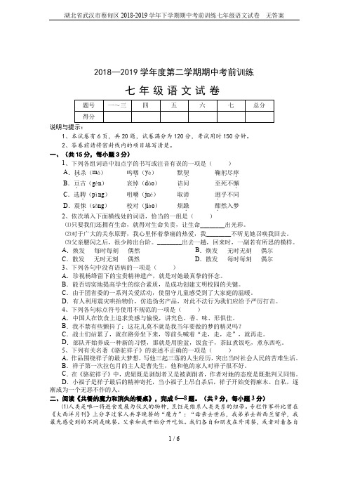 湖北省武汉市蔡甸区2018-2019学年下学期期中考前训练七年级语文试卷 无答案