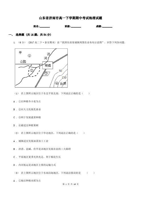 山东省济南市高一下学期期中考试地理试题