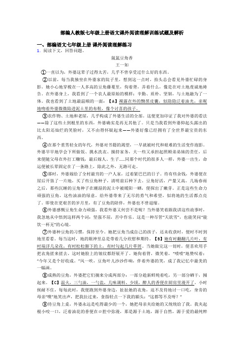 部编人教版七年级上册语文课外阅读理解训练试题及解析