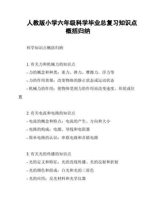 人教版小学六年级科学毕业总复习知识点概括归纳