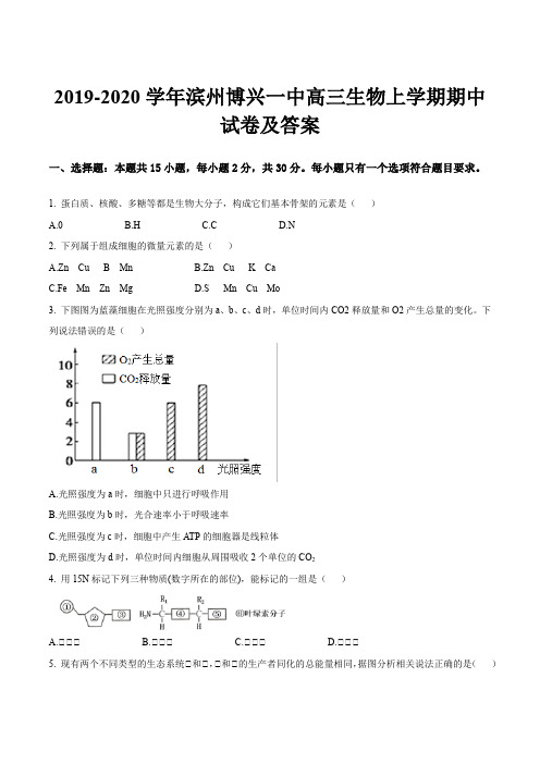 2019-2020学年滨州博兴一中高三生物上学期期中试卷及答案