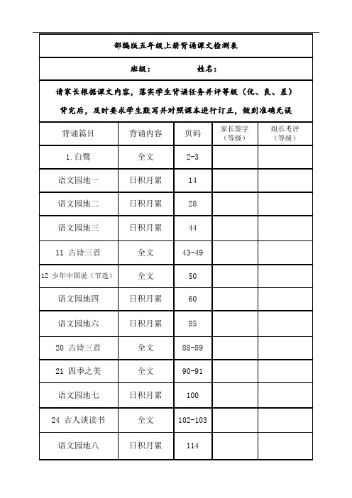 部编版五年级上册语文背诵课文内容及闯关表