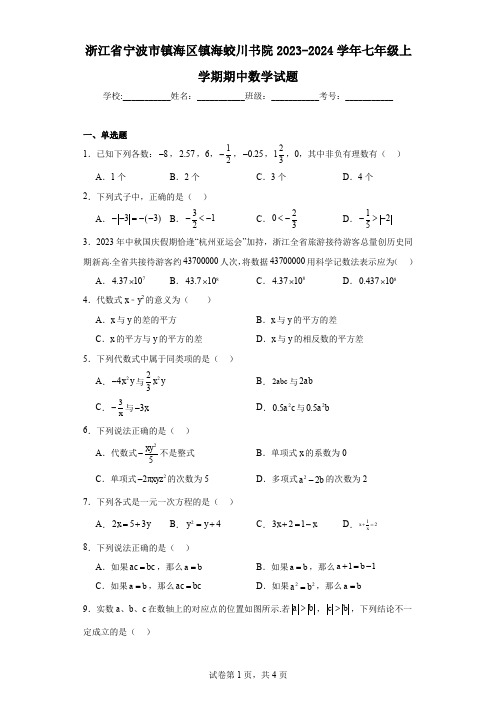 浙江省宁波市镇海区镇海蛟川书院2023-2024学年七年级上学期期中数学试题