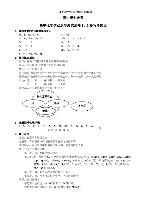 高中化学学业水平考试必背知识点