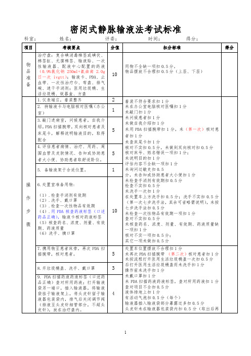 三甲医院护理标准-3密闭式静脉输液法操作考试标准