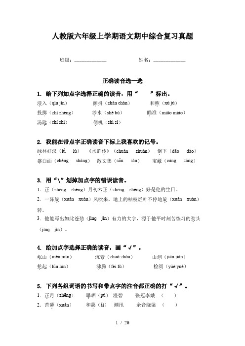 人教版六年级上学期语文期中综合复习真题